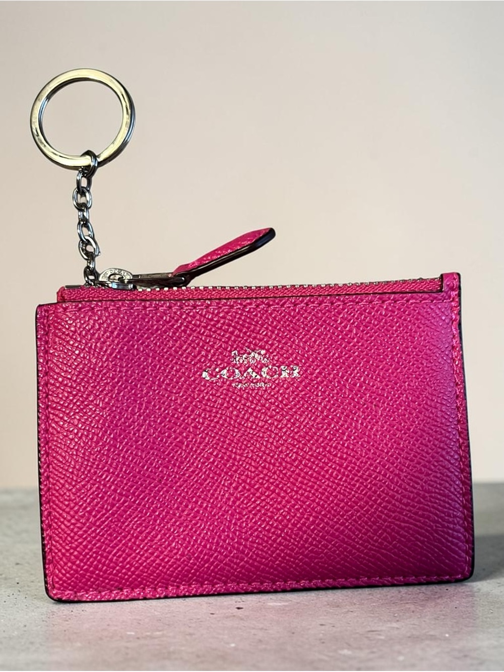 Coach Hot Pink Textured Leather Key & Card Holder with Keyring